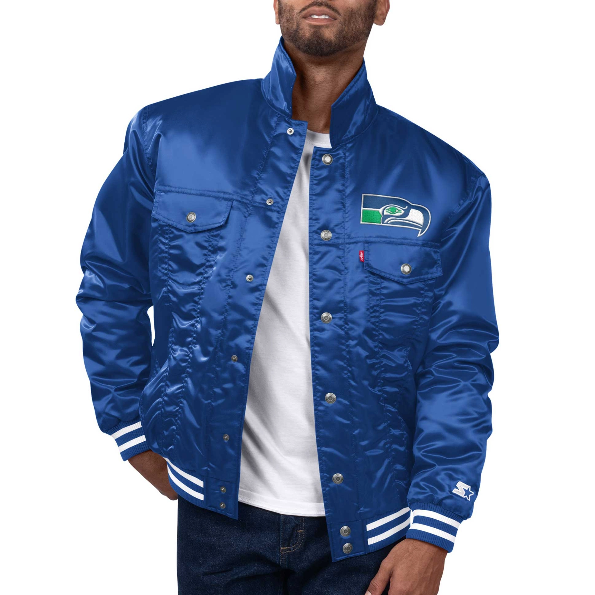 Seattle Seahawks Silver Tab Trucker Blue Satin Varsity Jacket