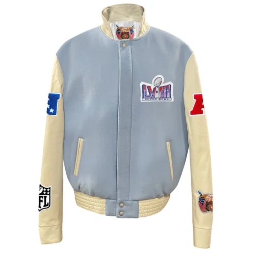 Super Bowl Baby Blue Wool & Leather Varsity Jacket
