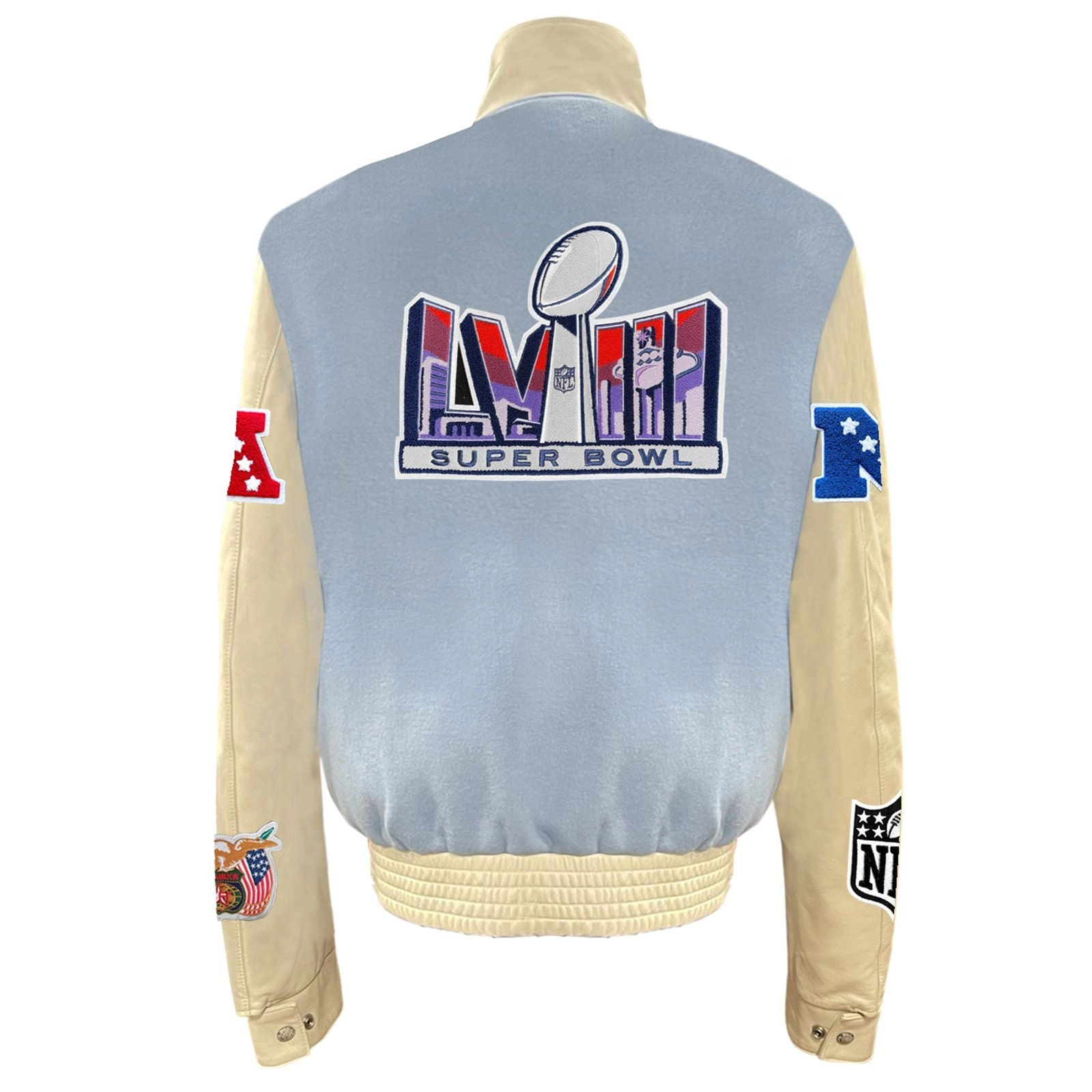 Super Bowl Baby Blue Wool & Leather Varsity Jacket - Image 2