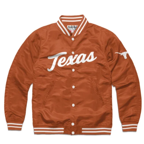 Texas Longhorns Script Classic Ribbed Knitted Satin Varsity Jacket - Brown