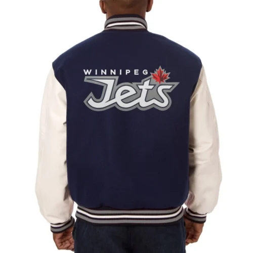 Alternative view of Winnipeg Jets Two Tone Navy/White Wool & Leather Varsity Jacket