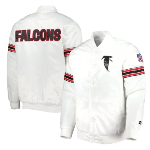 Atlanta Falcons Power Forward Full-Snap Satin Varsity White Jacket - Image 3