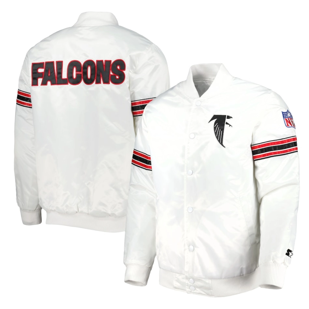 Atlanta Falcons Power Forward Full-Snap Satin Varsity White Jacket - Image 3