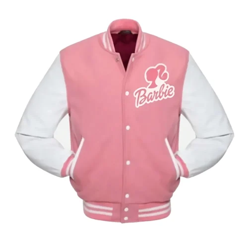 Barbie Wool & Leather Full-Snap Varsity Jacket -  Pink/White