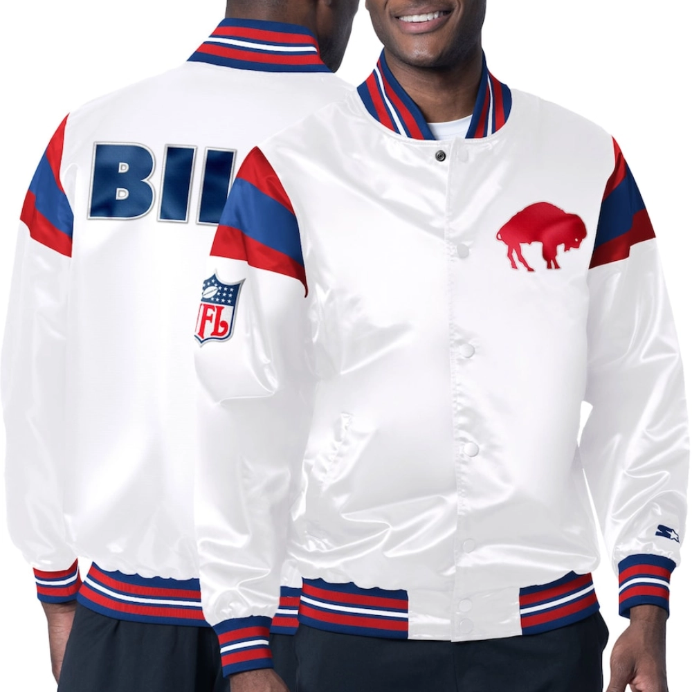 Buffalo Bills Full-Snap Satin Varsity White Jacket - Image 3