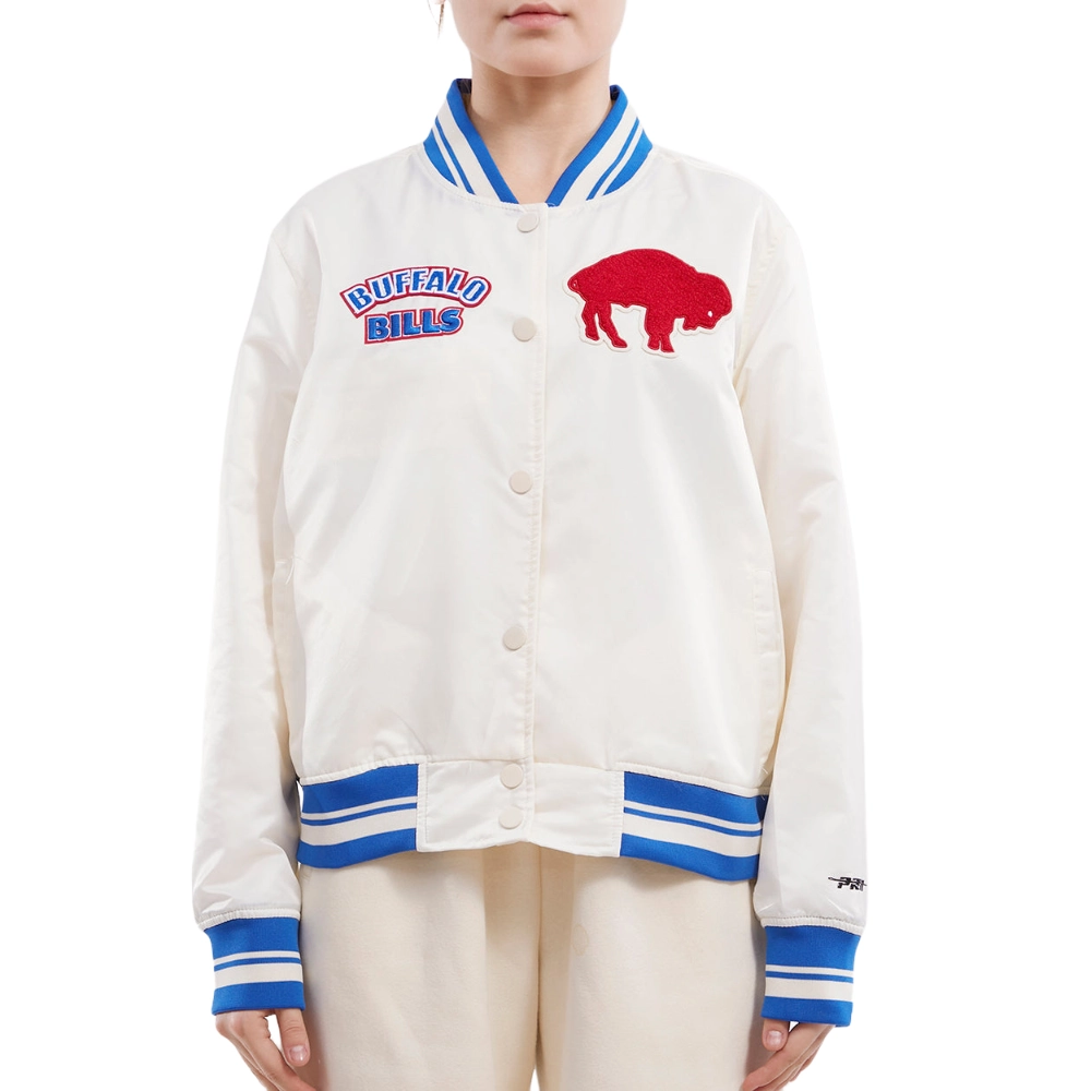 Buffalo Bills Retro Classic Women's Full-Snap Cream Satin Varsity Jacket