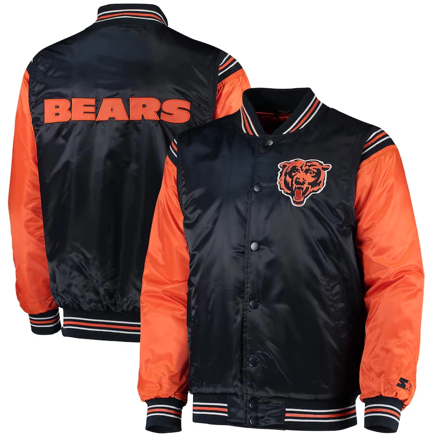 Chicago Bears The Enforcer Satin Navy/Orange Varsity Jacket - Image 4