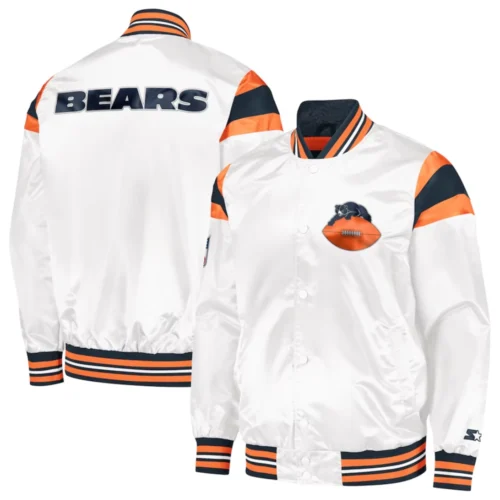 Chicago Bears Full-Snap Satin White Varsity Jacket - Image 3