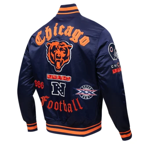 Chicago Bears Old English Full-Snap Satin Navy Varsity Jacket - Image 3