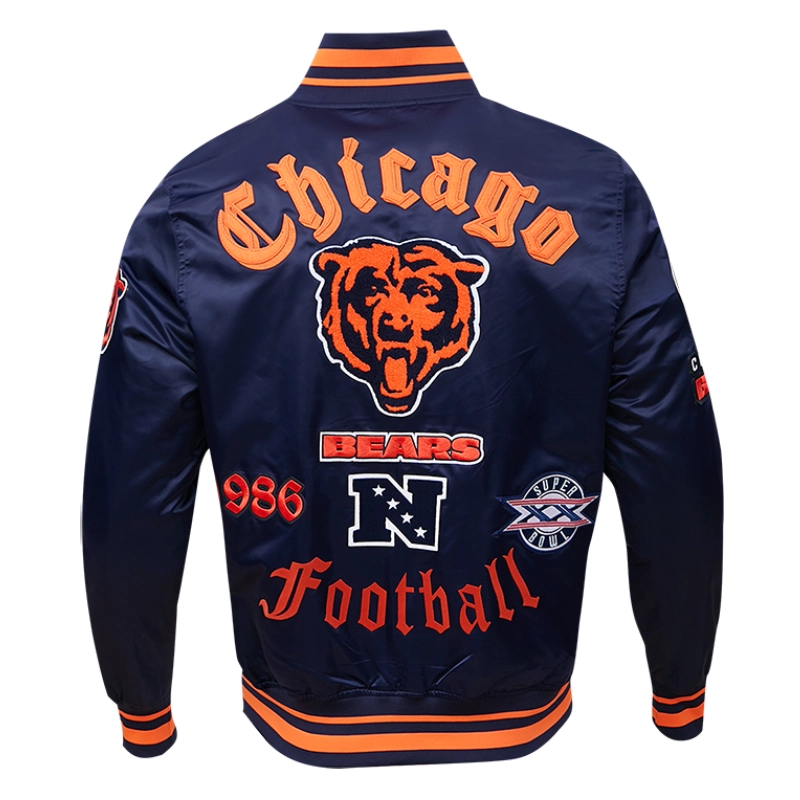 Chicago Bears Old English Full-Snap Satin Navy Varsity Jacket - Image 4