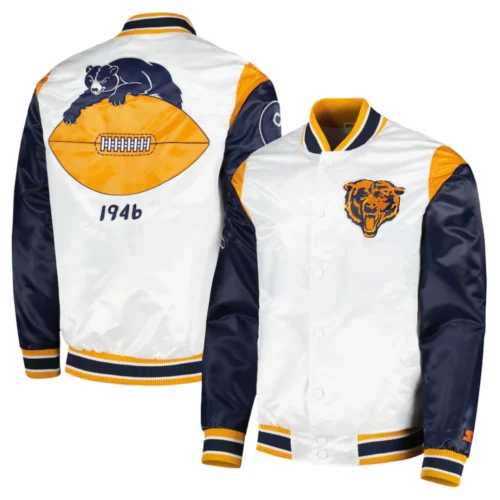 Chicago Bears Pitch Full-Snap Satin White/Black Varsity Jacket - Image 4