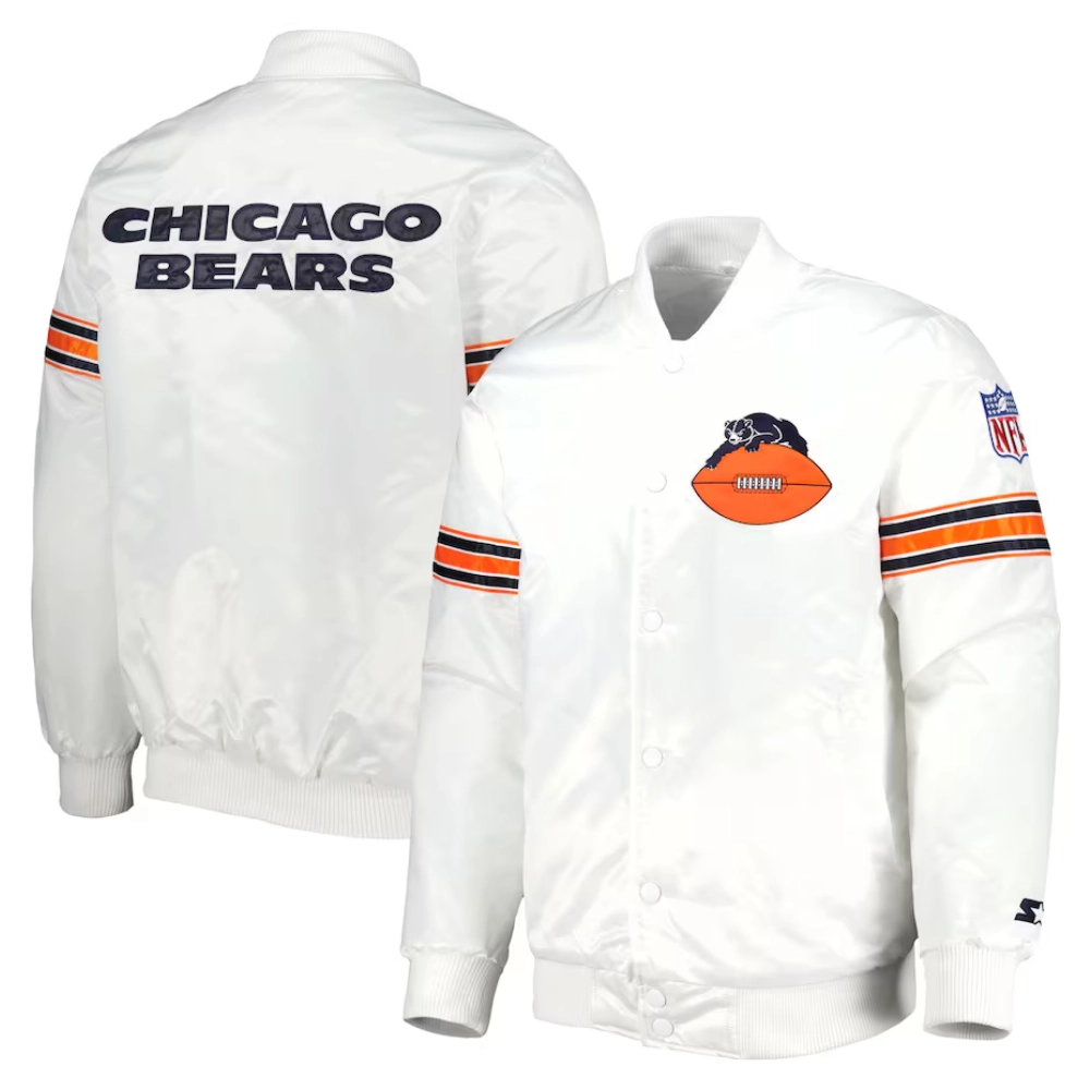 Chicago Bears Power Forward Full-Snap Satin White Varsity Jacket - Image 3
