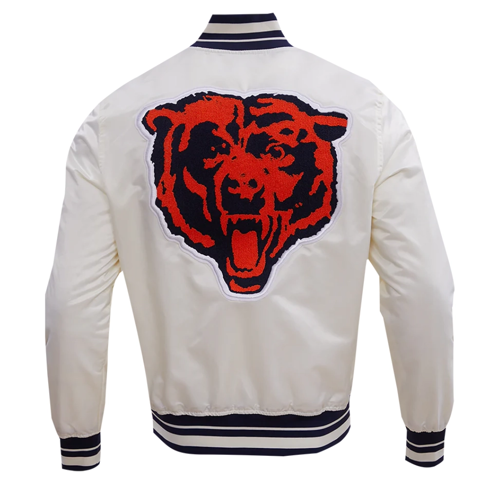 Chicago Bears Retro Classic Full-Snap Satin White Varsity Jacket - Image 4
