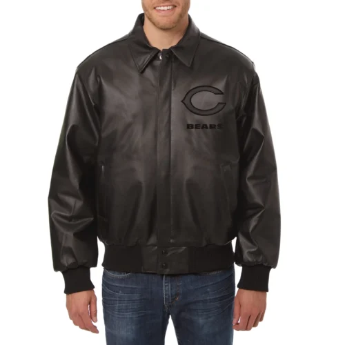 Chicago Bears Shirt Collar Full Leather Black Tonal Bomber Jacket