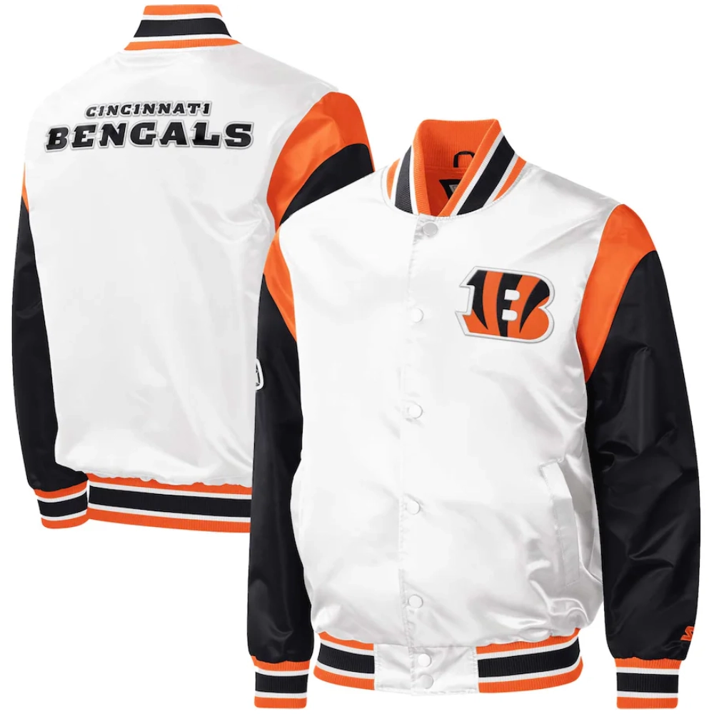 Cincinnati Bengals Pitch Full-Snap Satin White/Black Varsity Jacket - Image 4