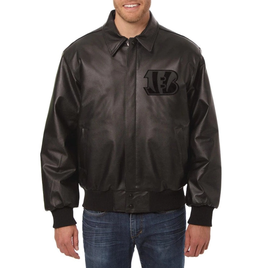 Cincinnati Bengals Shirt Collar Full Leather Black Tonal Bomber Jacket