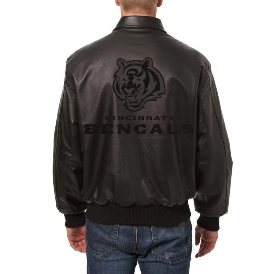 Cincinnati Bengals Shirt Collar Full Leather Black Tonal Bomber Jacket - Image 2