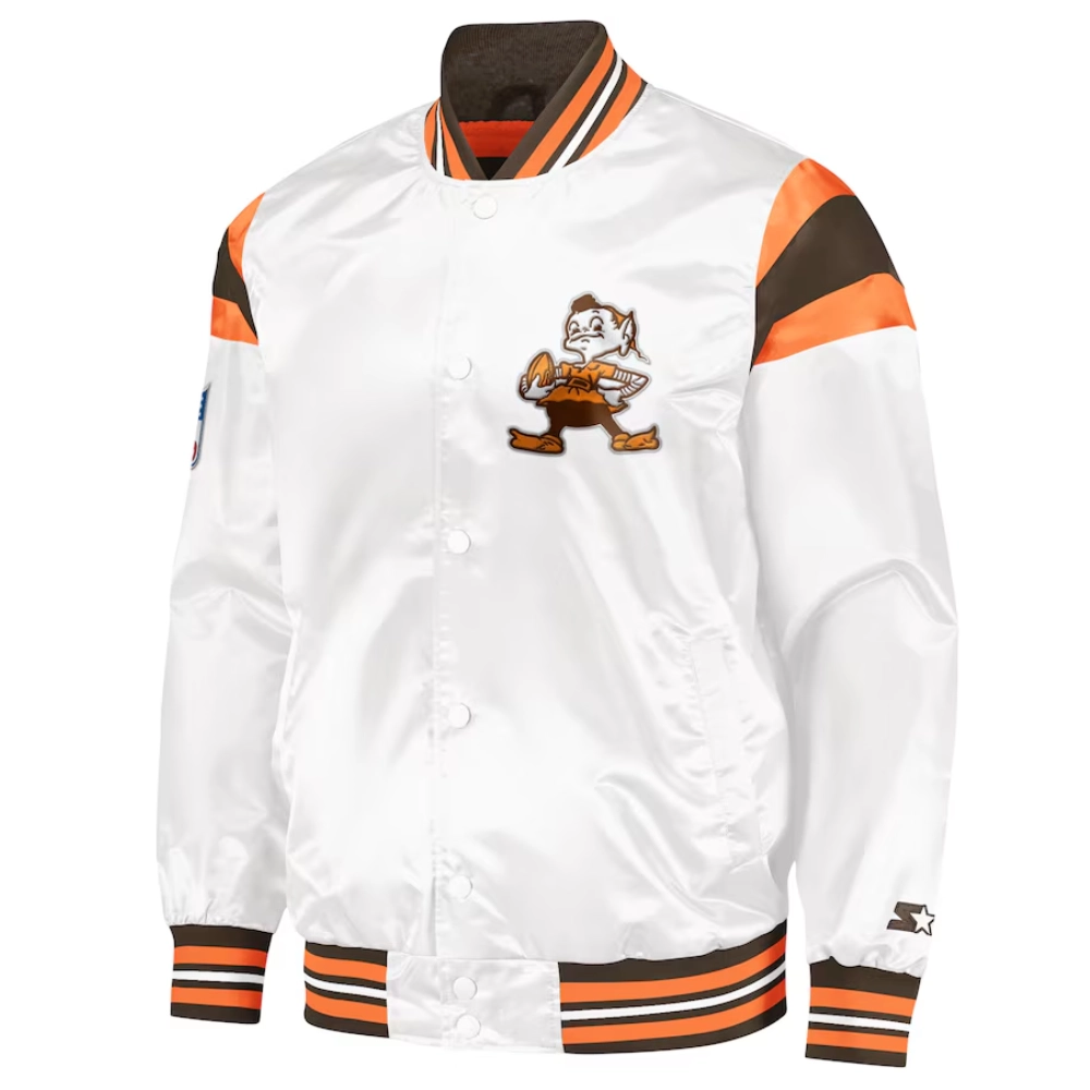 Cleveland Browns Full-Snap Satin White Varsity Jacket -