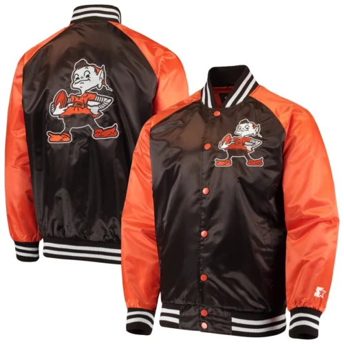 Cleveland Browns Lead Off Full-Snap Satin Brown/Orange Varsity Jacket - Image 4