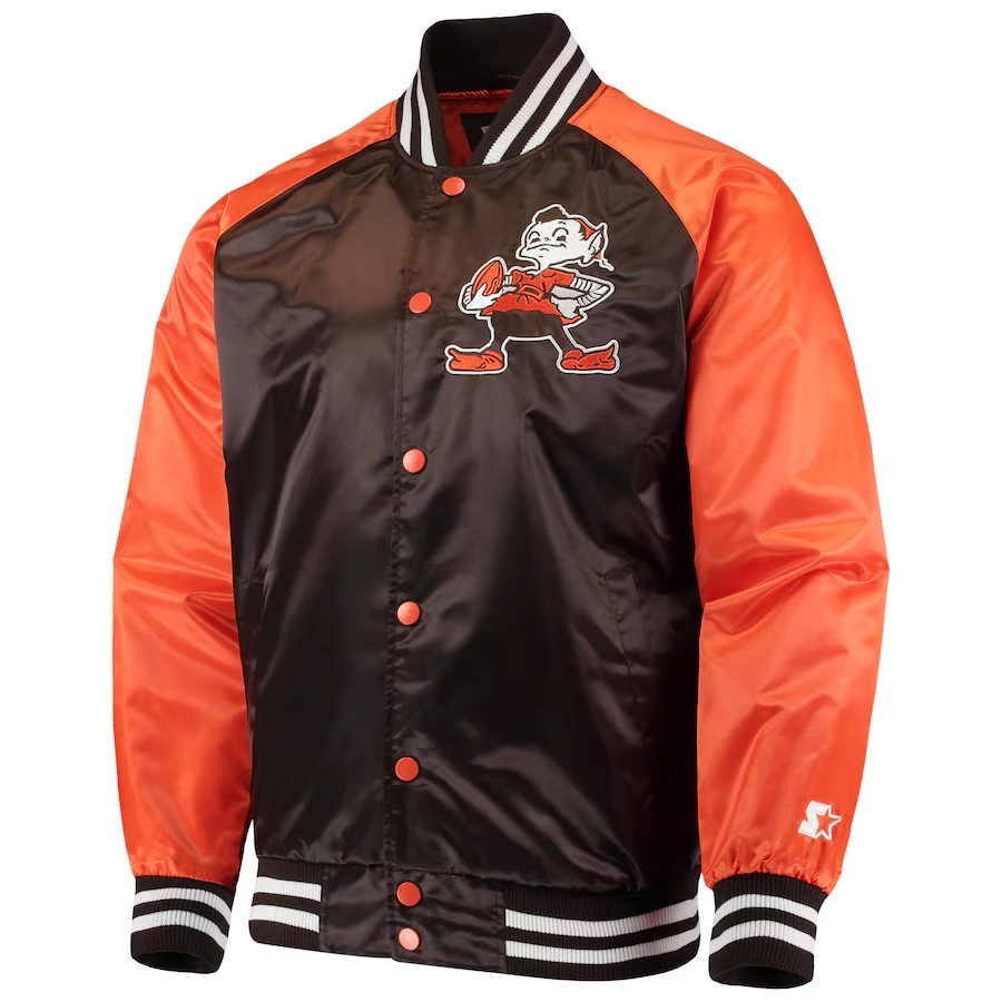 Cleveland Browns Lead Off Full-Snap Satin Brown/Orange Varsity Jacket
