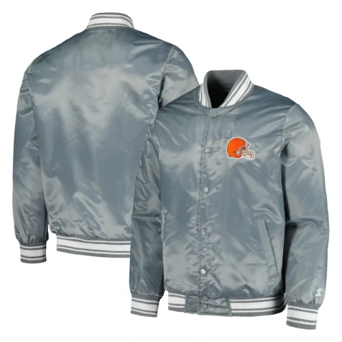 Cleveland Browns Locker Room Full-Snap Satin Gray Varsity Jacket - Image 3