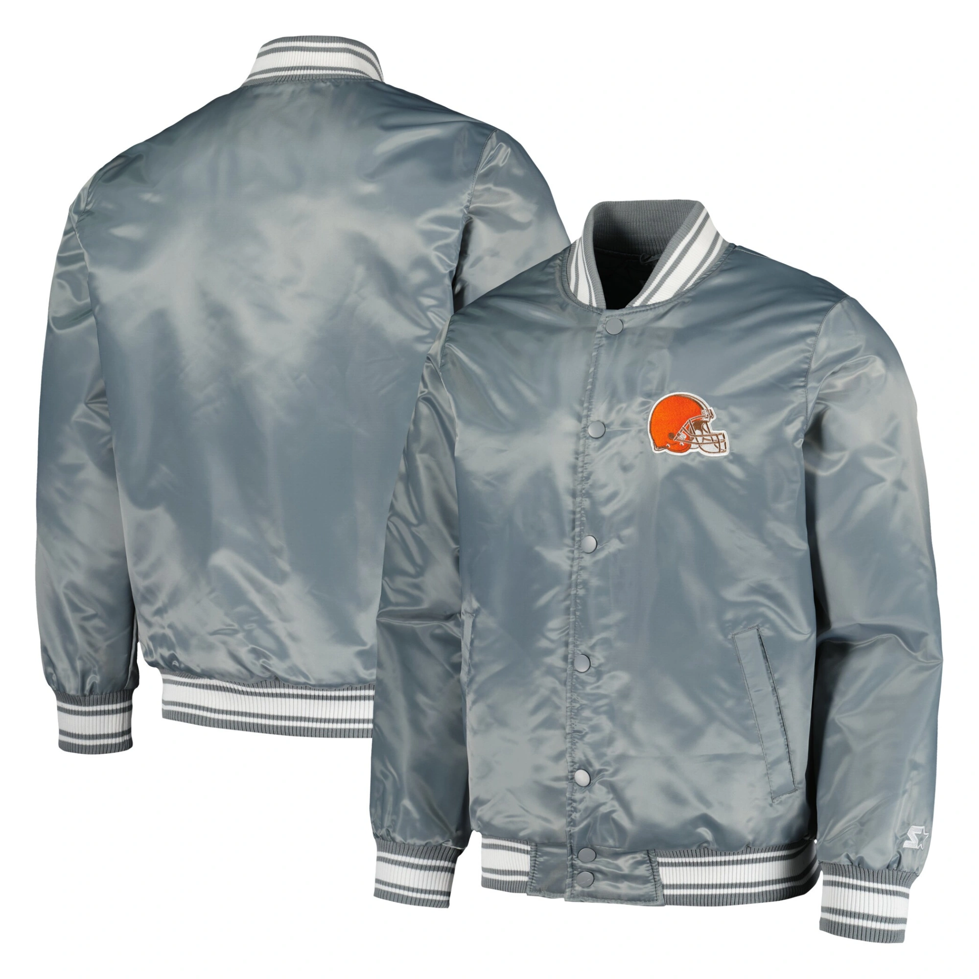 Cleveland Browns Locker Room Full-Snap Satin Gray Varsity Jacket - Image 3