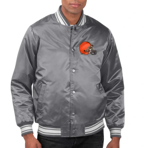 Cleveland Browns Locker Room Full-Snap Satin Gray Varsity Jacket - Image 4