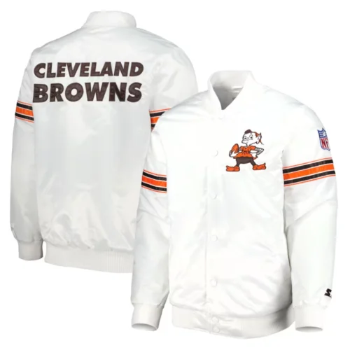 Cleveland Browns Power Forward Full-Snap Satin White Varsity Jacket - Image 3
