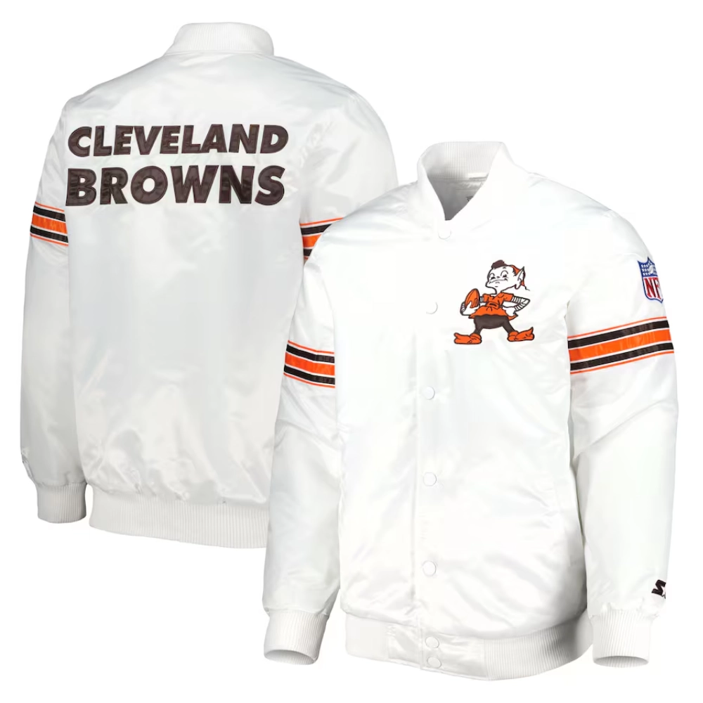 Cleveland Browns Power Forward Full-Snap Satin White Varsity Jacket - Image 3