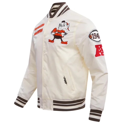 Alternative view of Cleveland Browns Retro Classic Full-Snap Satin White Varsity Jacket