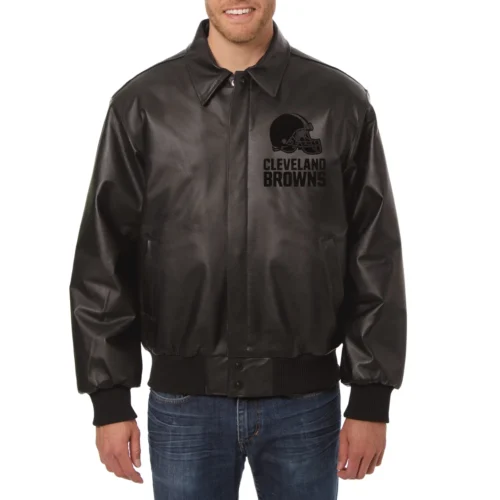 Cleveland Browns Shirt Collar Full Leather Black Tonal Bomber Jacket
