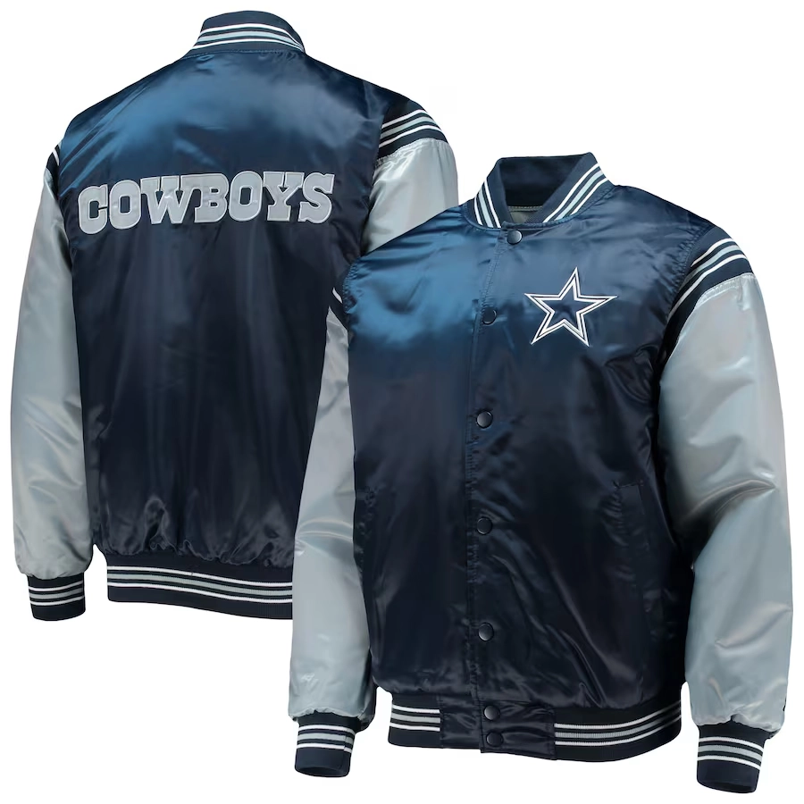 Dallas Cowboys The Enforcer Satin Navy/Gray Varsity Jacket - Image 4
