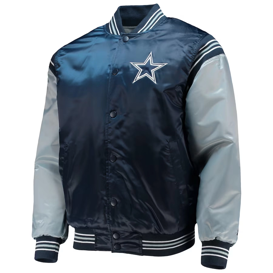 Dallas Cowboys The Enforcer Satin Navy/Gray Varsity Jacket