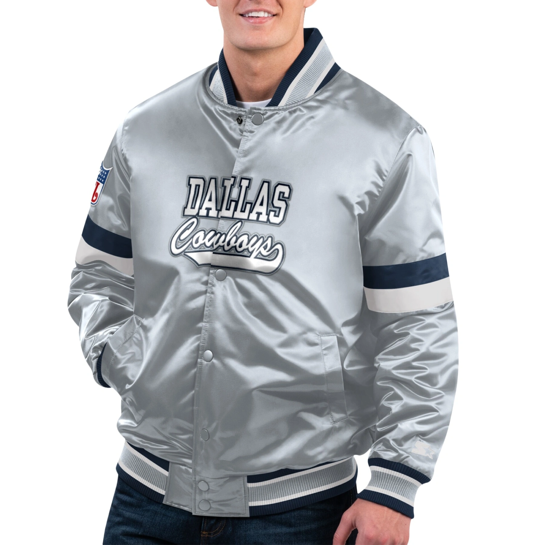 Dallas Cowboys Home Game Satin Gray Varsity Jacket