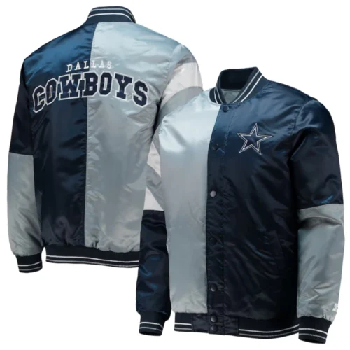 Dallas Cowboys Leader Satin Grey/Navy Varsity Jacket - Image 4
