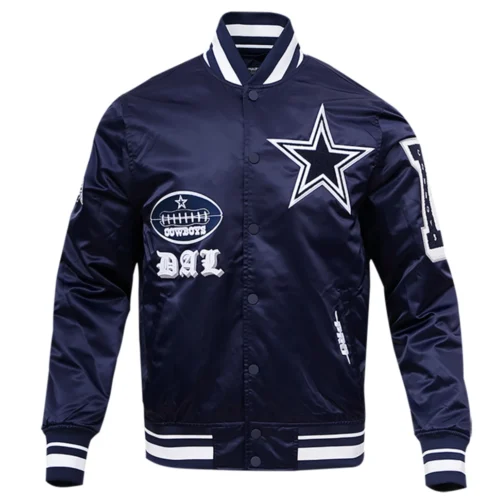 Dallas Cowboys Old English Full-Snap Satin Navy Varsity Jacket
