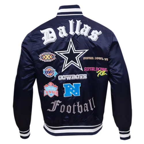 Dallas Cowboys Old English Full-Snap Satin Navy Varsity Jacket - Image 4