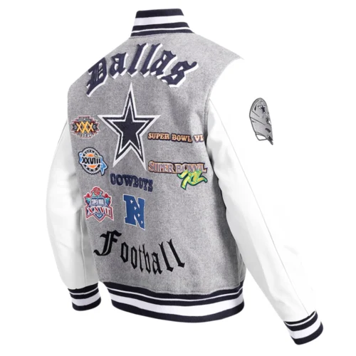 Dallas Cowboys Old English Wool & Leather Gray/White Varsity Jacket - Image 3
