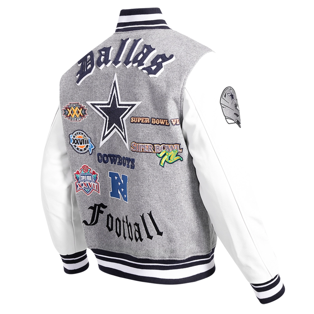 Dallas Cowboys Old English Wool & Leather Gray/White Varsity Jacket - Image 3