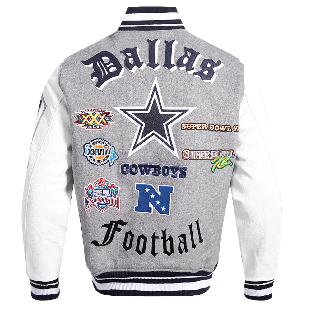 Dallas Cowboys Old English Wool & Leather Gray/White Varsity Jacket - Image 4