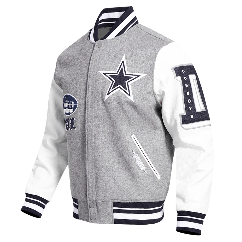 Dallas Cowboys Old English Wool & Leather Gray/White Varsity Jacket - Image 2