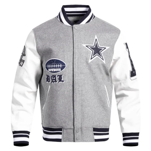 Dallas Cowboys Old English Wool & Leather Gray/White Varsity Jacket