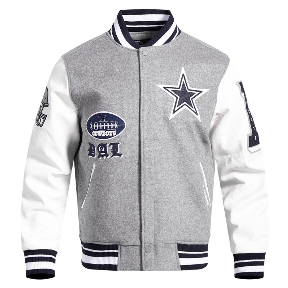 Dallas Cowboys Old English Wool & Leather Gray/White Varsity Jacket