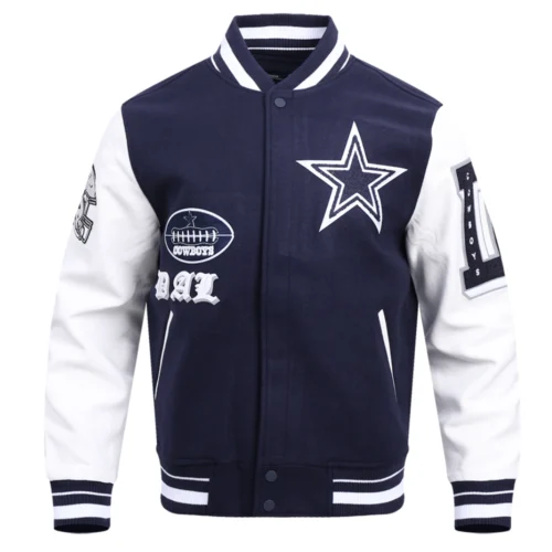 Dallas Cowboys Old English Wool & Leather Navy/White Varsity Jacket