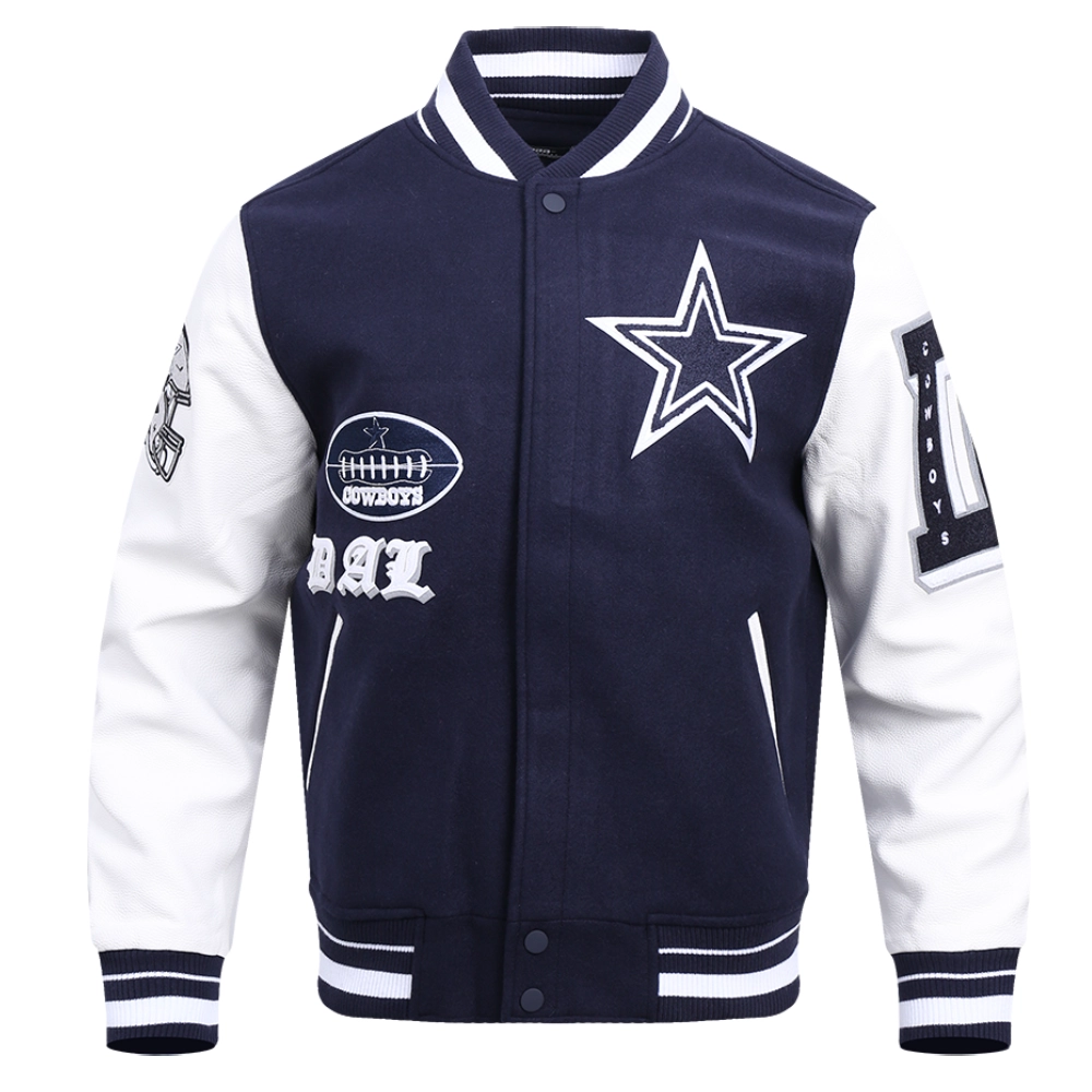 Dallas Cowboys Old English Wool & Leather Navy/White Varsity Jacket