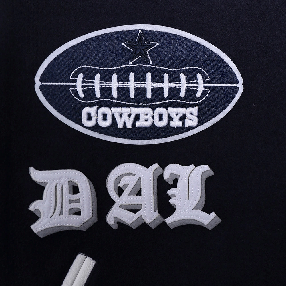 Dallas Cowboys Old English Wool & Leather Navy/White Varsity Jacket - Image 4
