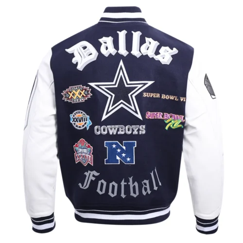 Dallas Cowboys Old English Wool & Leather Navy/White Varsity Jacket - Image 3