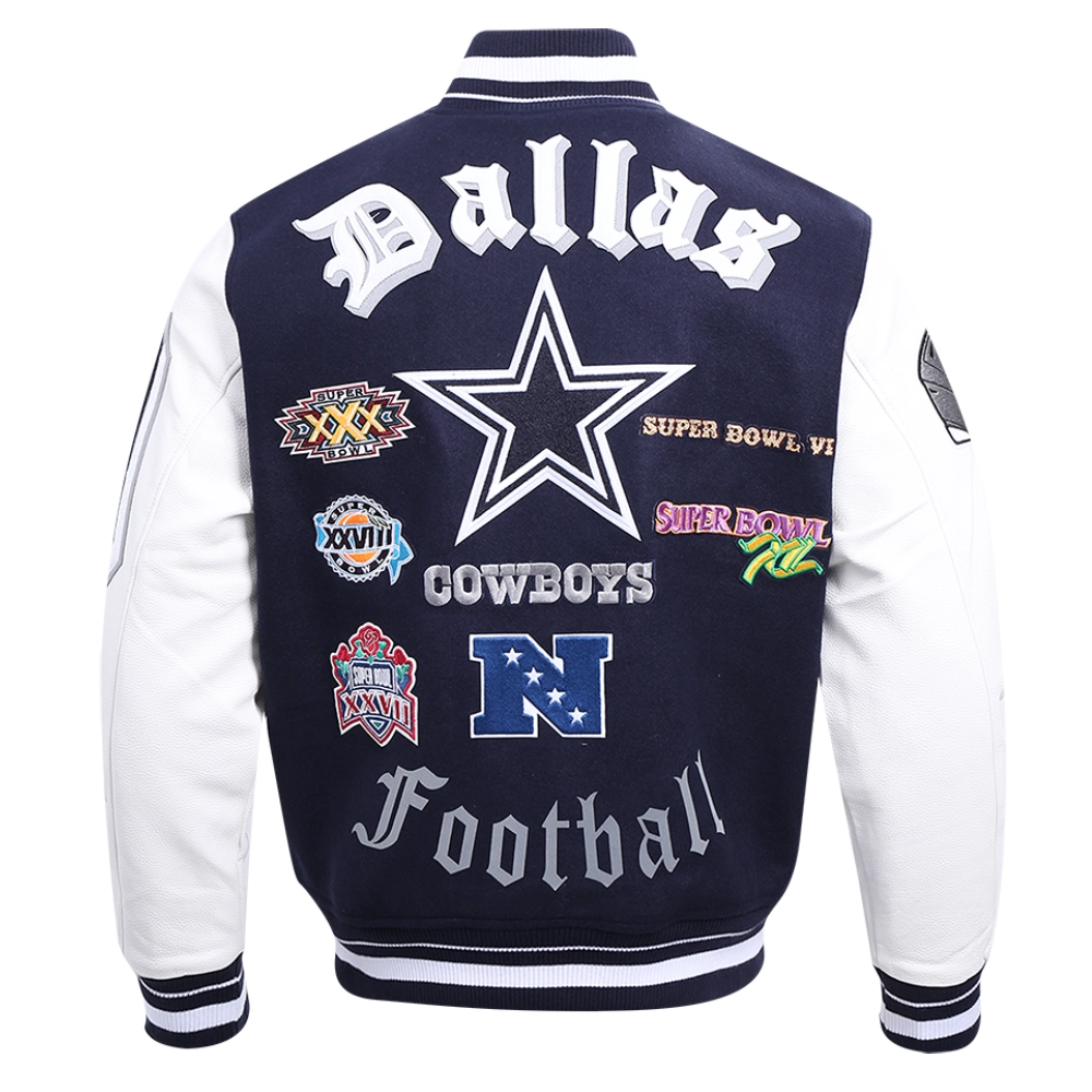 Dallas Cowboys Old English Wool & Leather Navy/White Varsity Jacket - Image 3