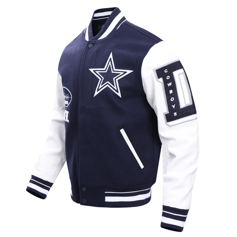 Dallas Cowboys Old English Wool & Leather Navy/White Varsity Jacket - Image 2