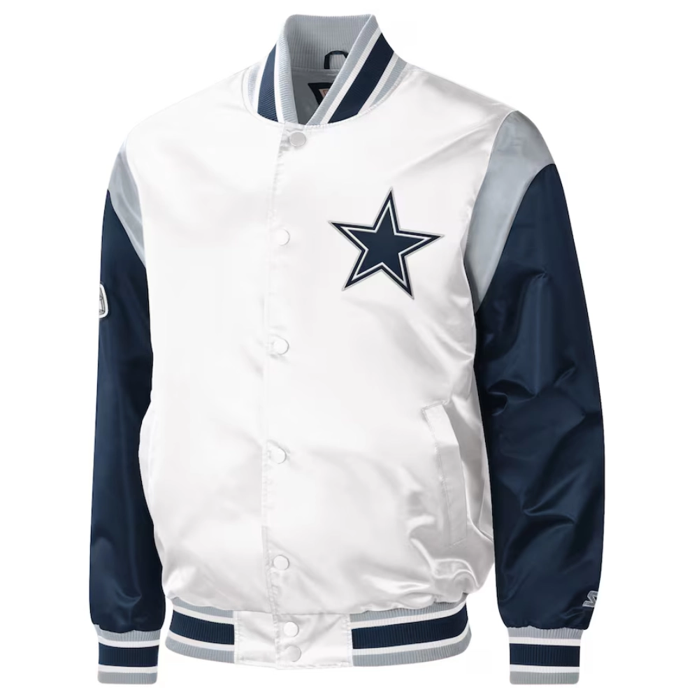 Dallas Cowboys Pitch Full-Snap Satin White/Navy Varsity Jacket